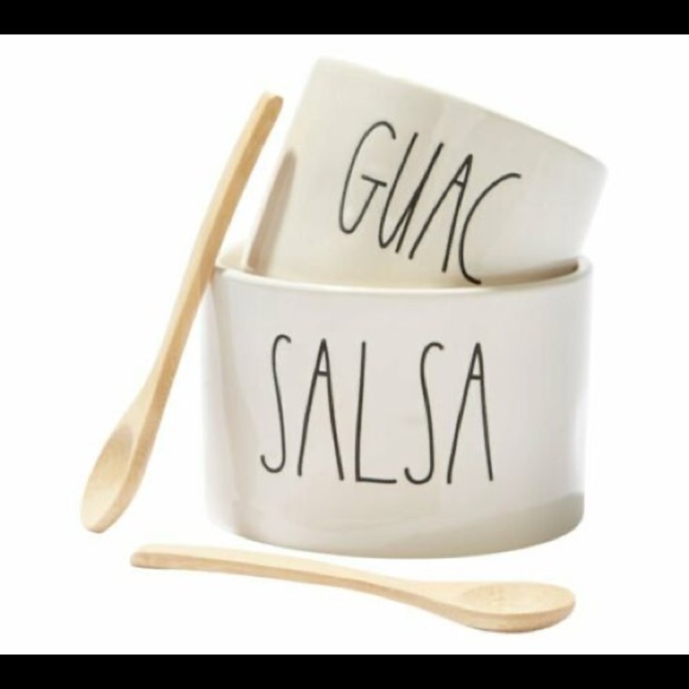 Rae Dunn Guac and Salsa bowls with 2 bamboo spoons